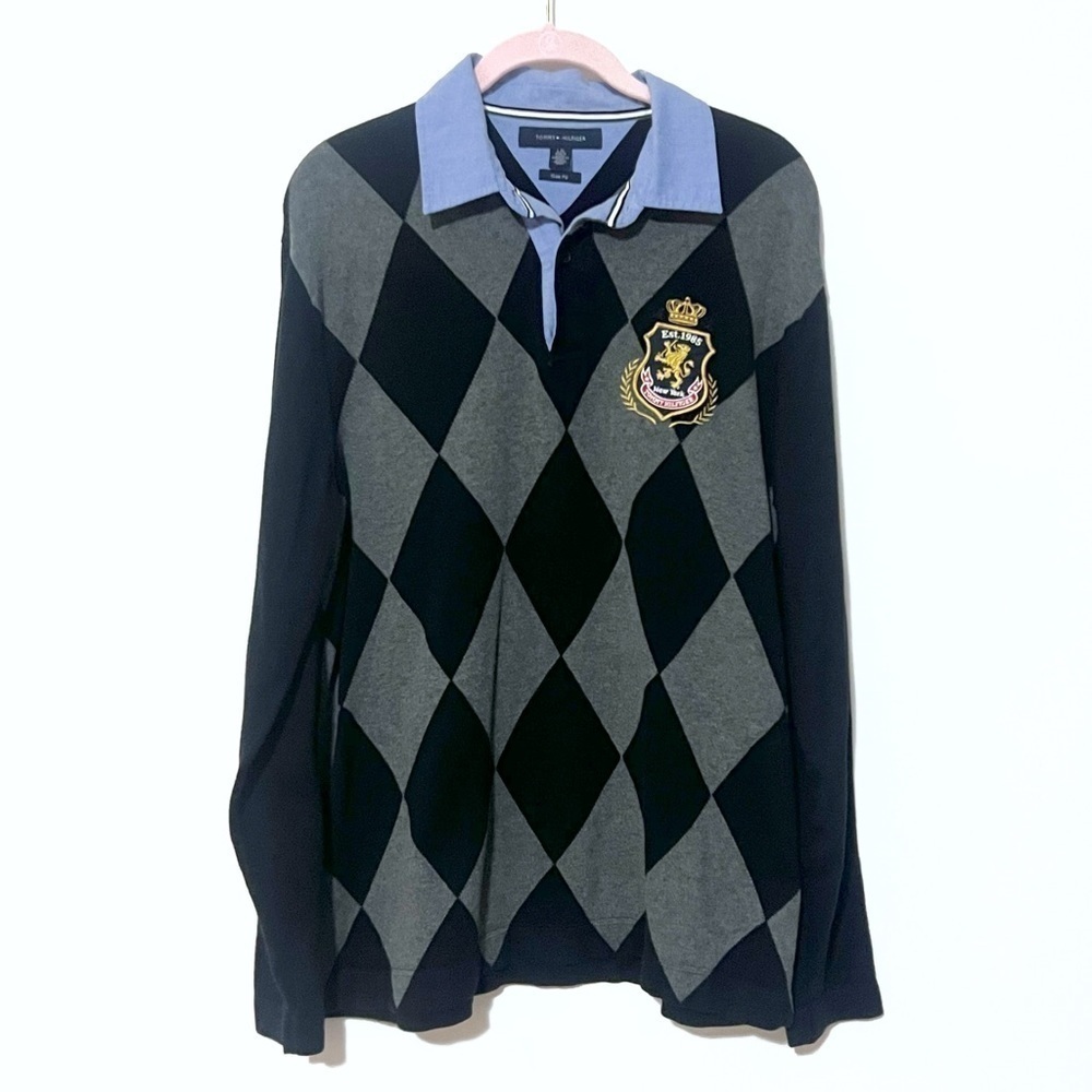 Tommy Hilfiger Men’s Long Sleeve Argyle Collared Sweater Gray Black Y2K 90s L